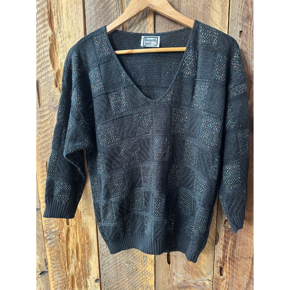 Vintage Kenneth Too Plus Black Knit V-Neck Sweater Sparkle‎ Plaid